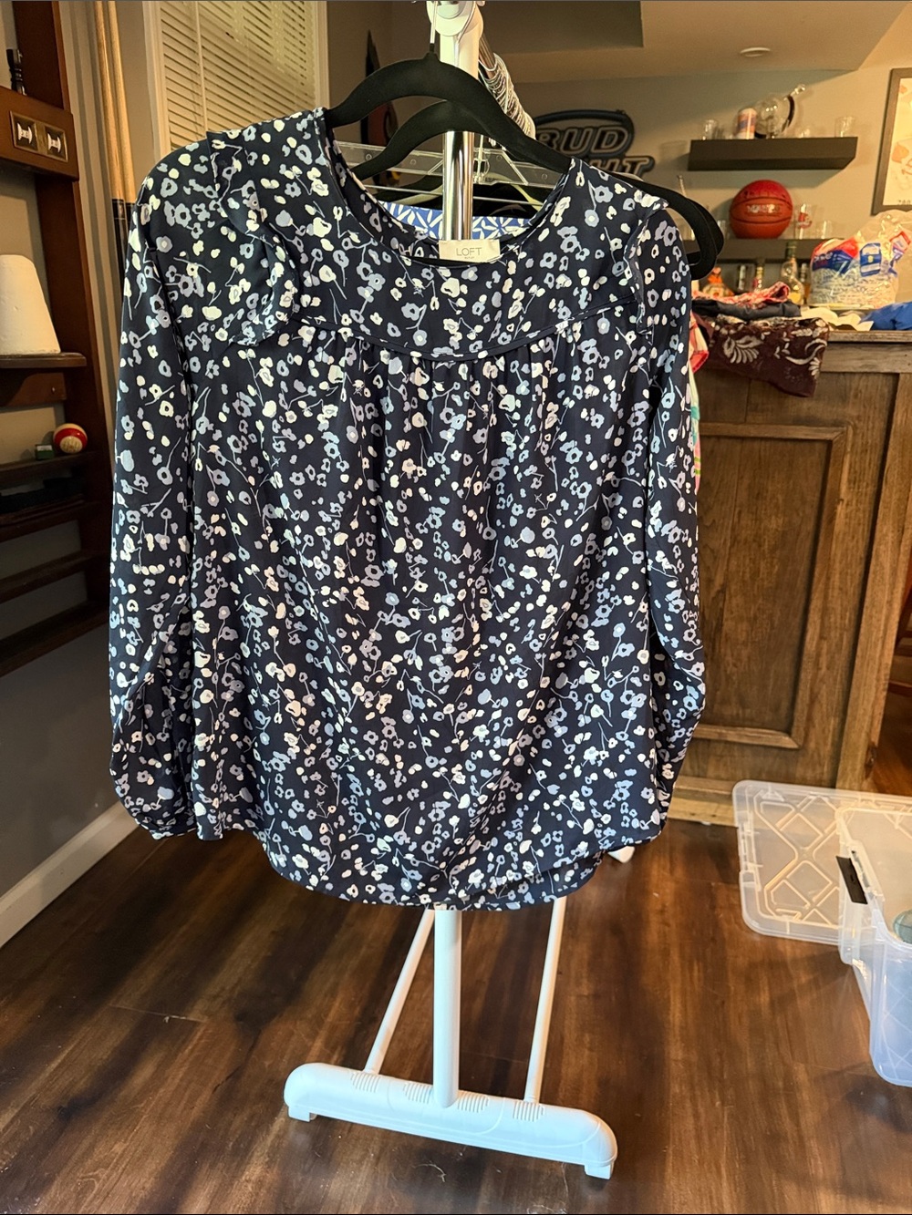 LOFT Navy and White Floral Long-Sleeve Blouse